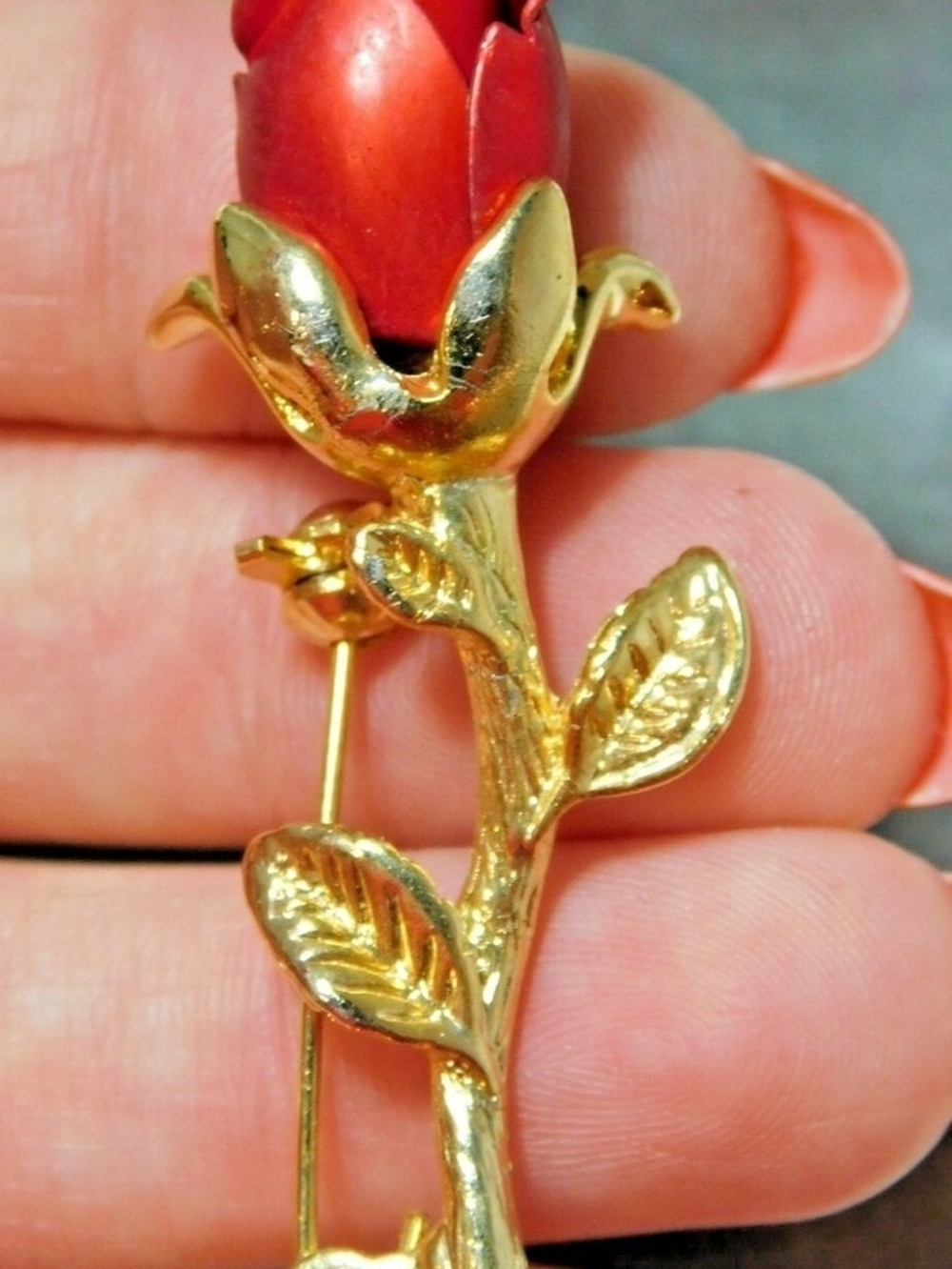 Gold and Red Tulip Brooch - Elegant Flower Pin